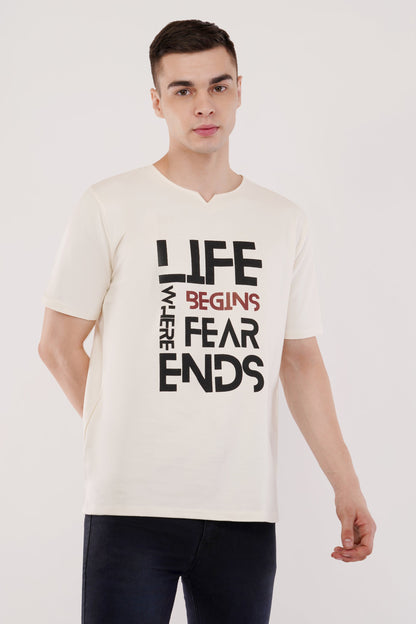 DYOGIQ® - Life Begins When Fear Ends Unisex Antique White Ghumat Neck Tshirt