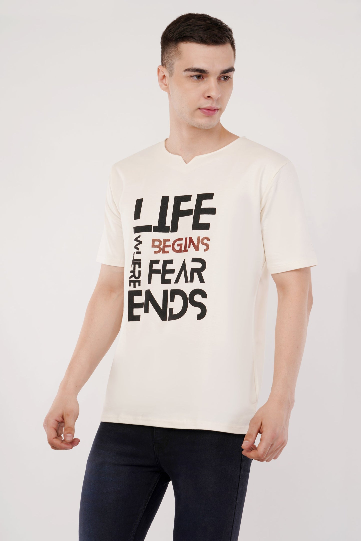 DYOGIQ® - Life Begins When Fear Ends Unisex Antique White Ghumat Neck Tshirt