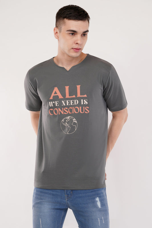 DYOGIQ® - Conscious Planet Unisex Steel Gray Ghumat Neck Tshirt