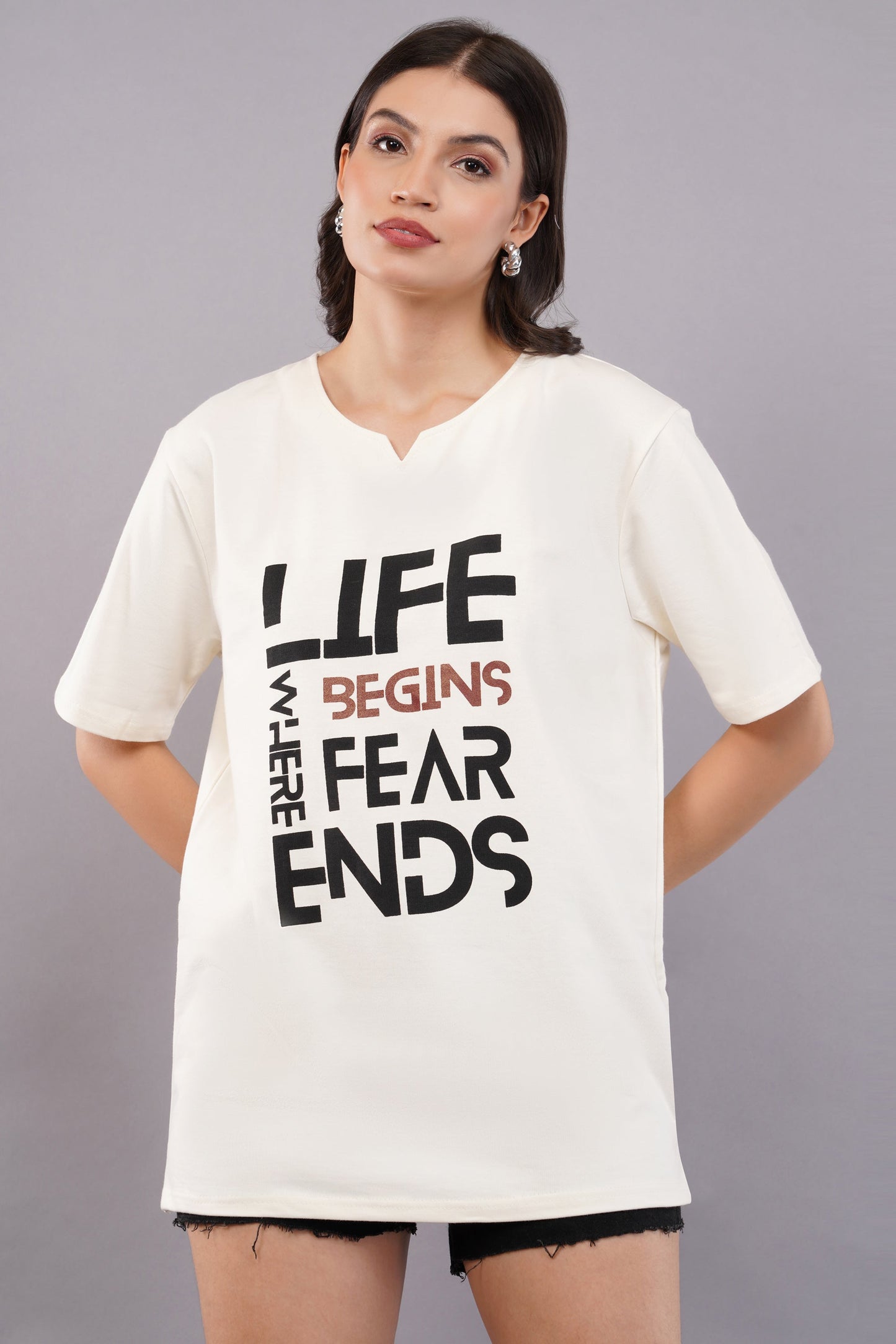 DYOGIQ® - Life Begins When Fear Ends Unisex Antique White Ghumat Neck Tshirt