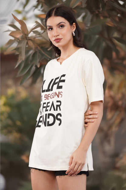 DYOGIQ® - Life Begins When Fear Ends Unisex Antique White Ghumat Neck Tshirt